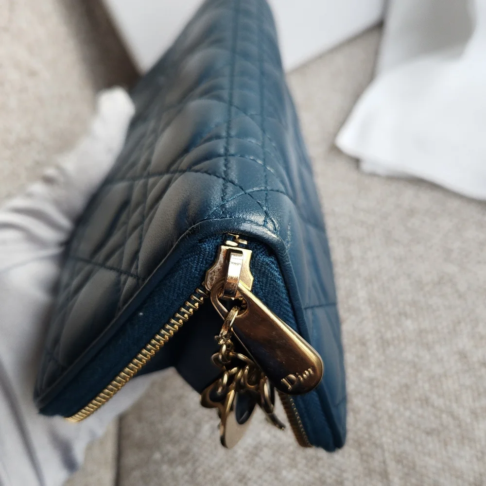 Dior Blue Quilted Leather Zip Key Pouch with Gold Charm